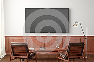 TV screen mockup on the white wall with classic wooden decoration  in living room. Front view, clipping path around screen