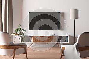 TV screen on the white wall in modern living room