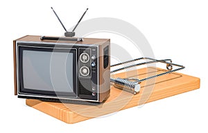 TV set inside mousetrap. TV dependence concept, 3D rendering