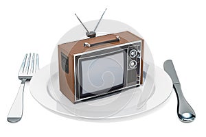 TV set on a plate. TV dependence and brainwash concept, 3D rendering photo