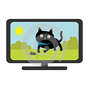 TV set show. Black cat with mouse. Funny animal. Cute cartoon character. Sun, tree, sky. Isolated. White background.