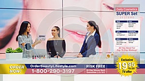 TV Shop Infomercial Program: Female Host, Beauty Expert uses Eyeshadow Palette on a Beautiful Model