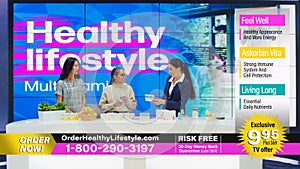 TV Show Infomercial: Female Host, Expert, Doctor Talk Present Mock-up Beauty Products Boxes, Health