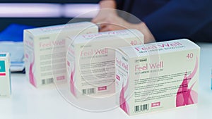 TV Show Product Infomercial: Mock-up Package Box with Health Care Medical Supplements. Showcasing