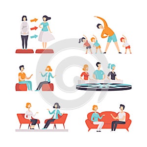 Tv Show and Television Program with People Participating in Game and Interview Vector Set