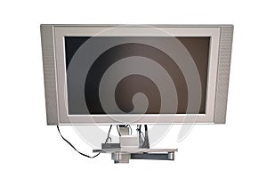 TV on a stand on the wall in the office, isolated on a white background