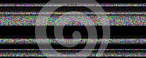 TV static noise background. Glitched white noise texture. VHS video signal with black stripes, interferences or glitches photo