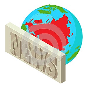 Tv stream icon isometric vector. News inscription on planet earth background