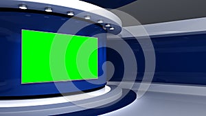 TV studio. Blue background . News studio.  Background for any green screen or chroma key video production. 3d render. 3d