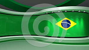 TV studio. Brazilian flag.  News studio. Loop animation. Background for any green screen or chroma key video production. 3d render