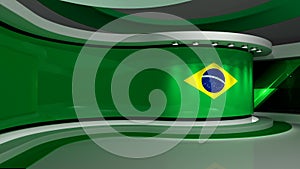 TV studio. Brazilian flag.  News studio. Loop animation. Background for any green screen or chroma key video production. 3d render