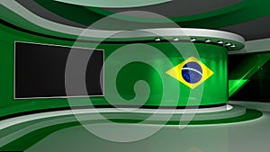 TV studio. Brazilian flag.  News studio. Loop animation. Background for any green screen or chroma key video production. 3d render