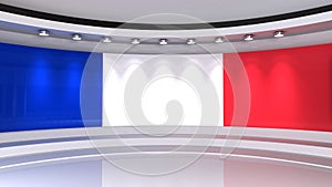 TV studio. France. French flag studio. French flag background. News studio. The perfect backdrop for any green screen or chroma