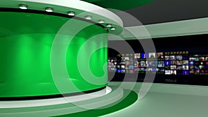 TV studio. Green studio. Green background. News studio. The perfect backdrop for any green screen or chroma key video or photo pro