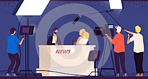 Tv studio news. Journalists stage desk tv broadcasting professional crew cameraman television interview show newscaster