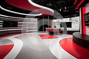 Tv Studio. Red studio. Backdrop for TV shows .TV on wall. News studio.