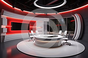 Tv Studio. Red studio. Backdrop for TV shows .TV on wall. News studio.