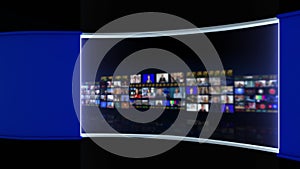 Tv Studio. Studio. News studio.Blue background. Newsroom Background for News Broadcasts. Blurred of studio at TV station. News cha