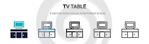 Tv table icon in filled, thin line, outline and stroke style. Vector illustration of two colored and black tv table vector icons