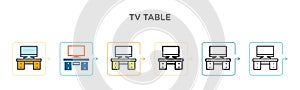 Tv table vector icon in 6 different modern styles. Black, two colored tv table icons designed in filled, outline, line and stroke