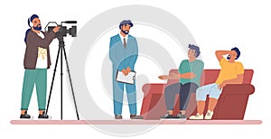 TV talk show. Host interviewing guests sitting on couch, cameraman shooting video, flat vector illustration