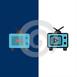 TV, Television, Play, Video  Icons. Flat and Line Filled Icon Set Vector Blue Background