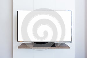 TV television screen blank on white wall background. with clipping path