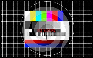 TV test pattern with caption `no signal`, offline, disturbance, error sign