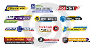 TV title news bar logos, news feeds, television, radio channels.