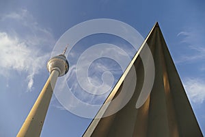 TV tower in Alexander square in Berlin from below