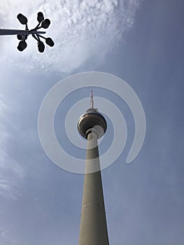 Tv tower in Berlin alexander platz with light post beside