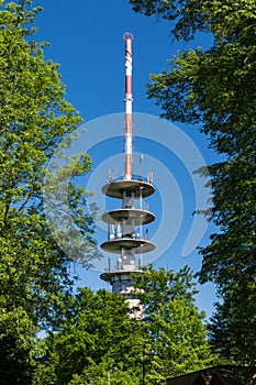 TV Tower on Blue Sky Green Trees Sunny Summer Wireless Communication Technology Engineering Architecture
