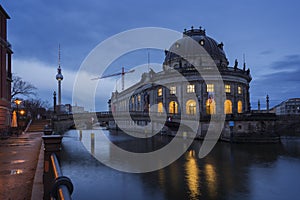 TV Tower, Bode Museum and Spree River in Berlin at dusk