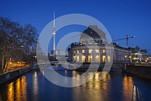 TV Tower, Bode Museum and Spree River in Berlin at dusk