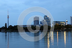 Tv tower lighthouse and office buildings Donaucity Vienna skyline