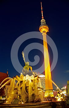 TV Tower and Neptunbrunnen at night