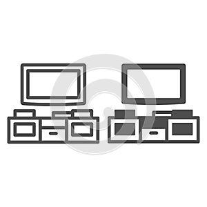 Tv and tv stand line and solid icon, interior design concept, television unit cabinet vector sign on white background