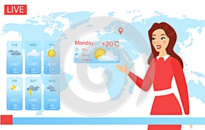 Tv weather forecast report vector illustration, cartoon flat attractive weatherwoman character reporting on climate photo