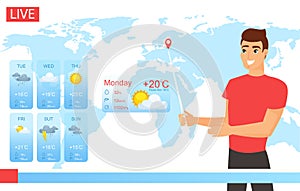 Tv weather forecast report vector illustration. Cartoon flat smiling weatherman character working in news, male reporter