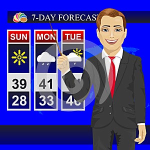 TV weather news reporter meteorologist anchorman reporting with pointer on monitor screen