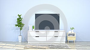 Tv with white cabinet in the room 3d illustration furniture,modern home designs,background shelves and books on the desk in front