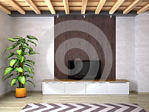 TV with a white curbstone on a wooden panel background