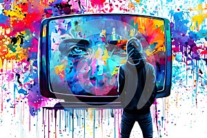 TV-zombieing. Young man in front of TV screen with hypnotist