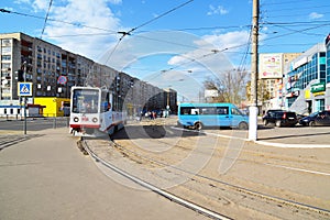 Tver, russia - may 07.2017. 5 tram route at stop Railway station
