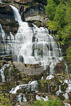 Tvindefossen waterfall with 150 meters drop, the tourist attraction 12 km north of Voss, Norway.