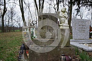 TVRDOMESTICE, SLOVAKIA - 12.3. 2016: Graves, tombstones and crucifixes on traditional cemetery. Statue of an angel on old tomb