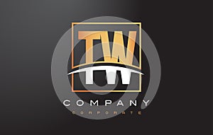 TW T W Golden Letter Logo Design with Gold Square and Swoosh.