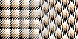 Tweed check pattern in black, brown, beige, white. Seamless classic pixel dog tooth tartan background graphic set.