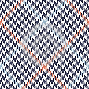 Tweed check pattern in blue, orange, white. Seamless small pixel houndstooth tartan illustration for jacket, coat, skirt, dress.