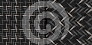 Tweed check plaid pattern in black and graphite grey. Seamless pixel textured dark houndstooth tartan design for dress, jacket.